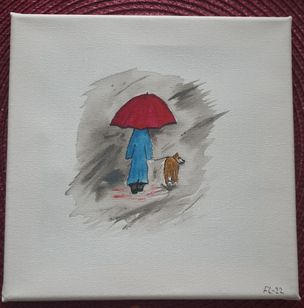 Ute i regn med hund (Målad som gåva till min moster)
