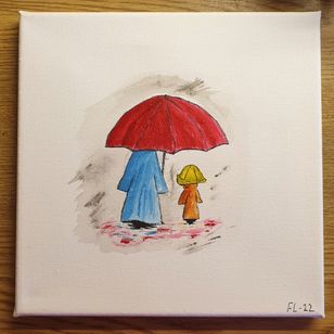 Mamma och barn i regn 20x20cm (500kr)